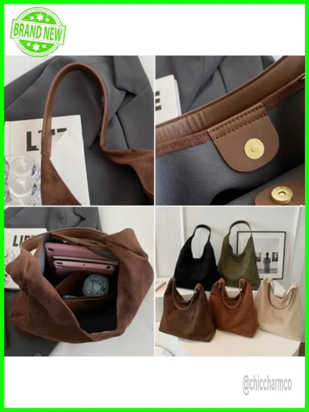 Faux Suede Leather Hobo Bag Set Large Tote Shoulder Bag Set 2pcs